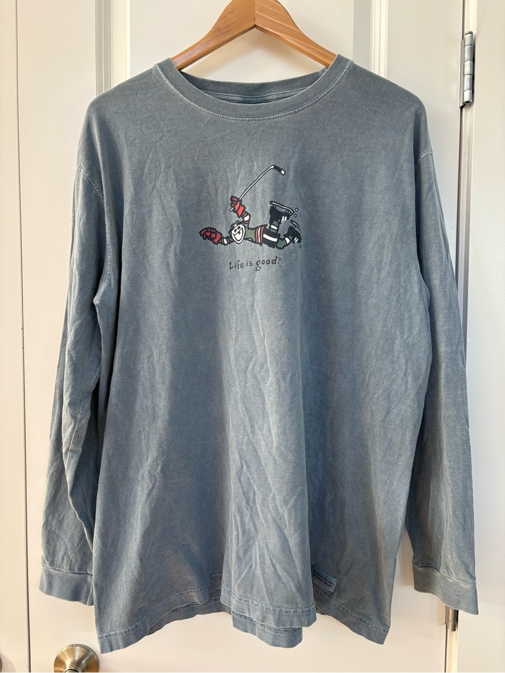 Life is Good Vintage Hockey Men's Long Sleeve Cotton T Shirt Blue Large